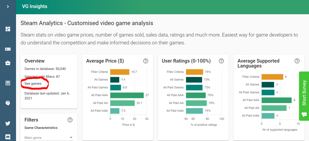 Video Game Insights - 'See games' button to see which games have been selcted